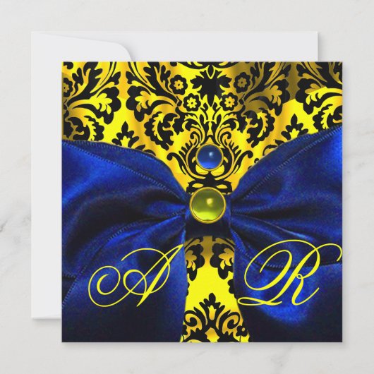 INVITATION BLEU RIBBON OR JAUNE BLACK DAMASK MONOGRAM (Devant)