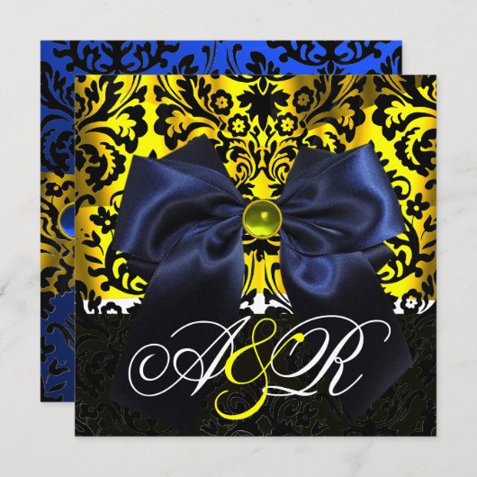 INVITATION BLEU RIBBON OR JAUNE BLACK DAMASK MONOGRAM (Devant / Derrière)