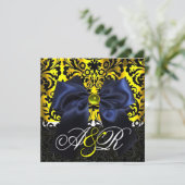 INVITATION BLEU RIBBON OR JAUNE BLACK DAMASK MONOGRAM (Debout devant)