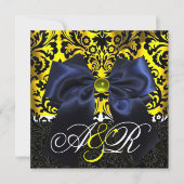 INVITATION BLEU RIBBON OR JAUNE BLACK DAMASK MONOGRAM (Devant)