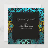 INVITATION BLEU RIBBON OR JAUNE BLACK DAMASK MONOGRAM (Dos)