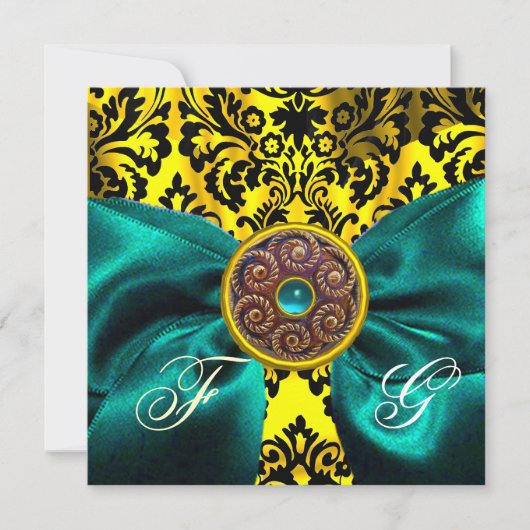 INVITATION BLEU RIBBON OR JAUNE BLACK DAMASK MONOGRAM (Devant)