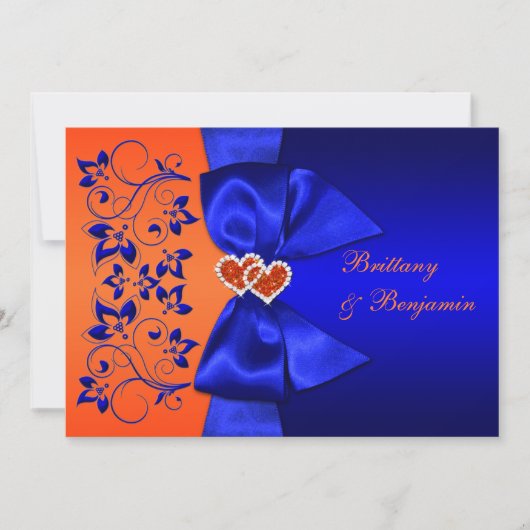 Invitation Bleu RIBON IMPRIMÉ, mariage floral orange (Devant)