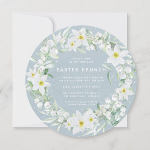 Invitation Bleu rond + Grille Florale blanche Brunch de Pâque