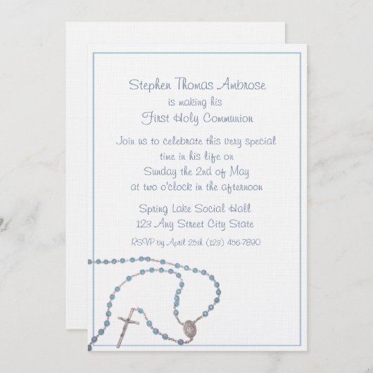 Invitation Bleu Rosaire/ Communion (Devant / Derrière)