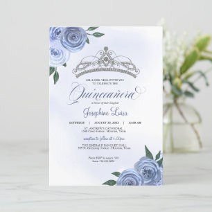 Invitation Bleu Rose Argent Floral Quinceañera Anniversaire