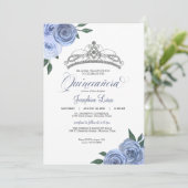 Invitation Bleu Rose Argent Floral Quinceañera Anniversaire I (Debout devant)