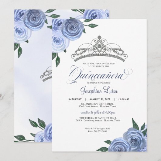 Invitation Bleu Rose Argent Floral Quinceañera Anniversaire I (Devant / Derrière)
