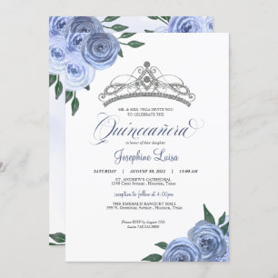 Invitation Bleu Rose Argent Floral Quinceañera Anniversaire I