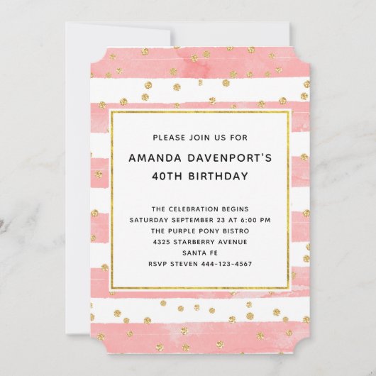 Invitation Bleu rose avec Gold Confetti Anniversaire (Devant)