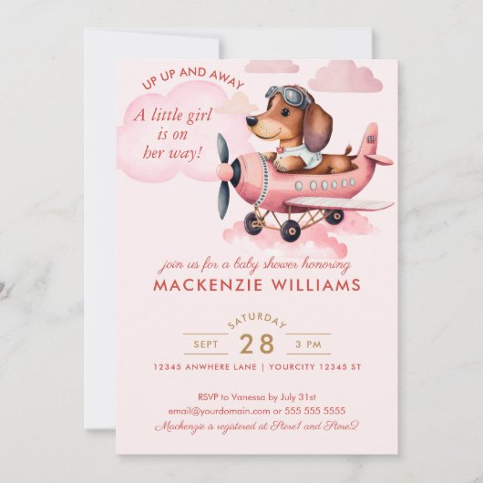 Invitation Bleu Rose Baby shower Dachshund Fille (Devant)