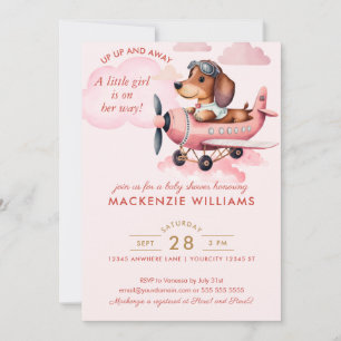 Invitation Bleu Rose Baby shower Dachshund Fille