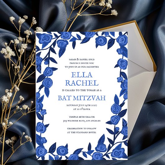 Invitation Bleu Rose Bat Bar Mitzvah Moderne Girl Custom