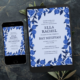 Invitation Bleu Rose Bat Bar Mitzvah Moderne Girl Custom