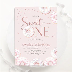 Invitation Bleu rose beignets sucré un 1er anniversaire