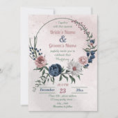 Invitation bleu rose & blanc fleuri vert mariage (Devant)