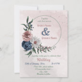 Invitation bleu rose & blanc fleuri vert mariage (Devant)
