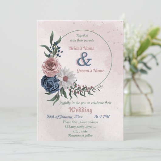 Invitation bleu rose & blanc fleuri vert mariage (Debout devant)