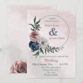 Invitation bleu rose & blanc fleuri vert mariage (Devant / Derrière)