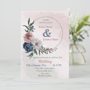 Invitation bleu rose & blanc fleuri vert mariage