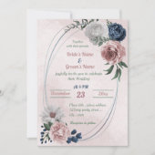 Invitation bleu rose blanc vert fleuri mariage géométrique (Devant)