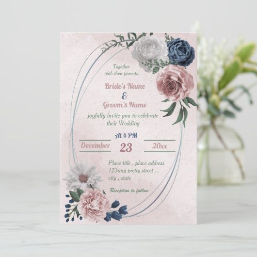 Invitation bleu rose blanc vert fleuri mariage géométrique (Debout devant)