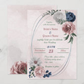 Invitation bleu rose blanc vert fleuri mariage géométrique (Devant / Derrière)