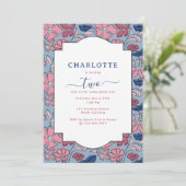 Invitation Bleu rose bloc floral Imprimer Fille fête d'annive (Debout devant)