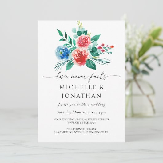 Invitation Bleu rose clair Floral Mariage chrétien Bible (Debout devant)