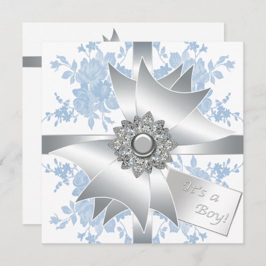 Invitation Bleu Rose Classy Bow Cadeau Boy Douche (Devant / Derrière)