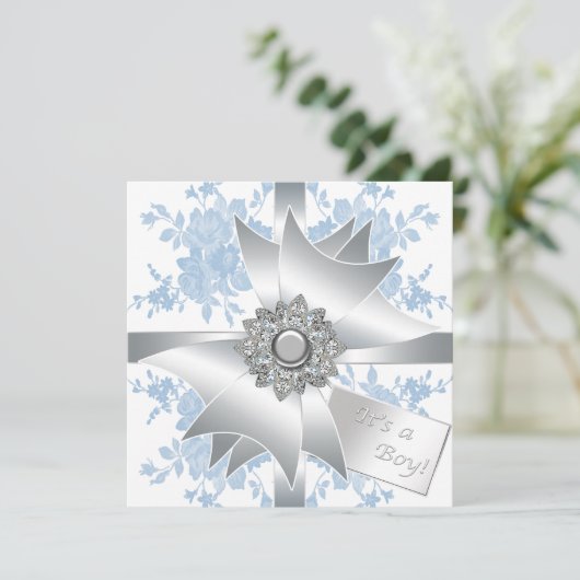 Invitation Bleu Rose Classy Bow Cadeau Boy Douche (Debout devant)