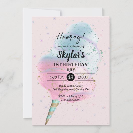 Invitation Bleu rose Coton Bonbon BronzeParties scintillant o (Devant)