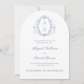 Invitation Bleu Rose Crest Monogrammes Mariage catholique (Devant)