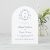 Invitation Bleu Rose Crest Monogrammes Mariage catholique (Debout devant)
