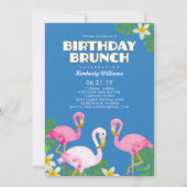 Invitation Bleu rose de brunch d'anniversaire de Flamants (Devant)