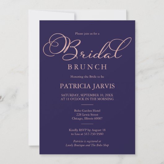 Invitation Bleu Rose de la marine Gold Foil Script Bridal Bru (Devant)