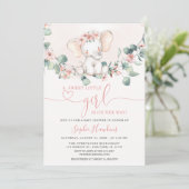 Invitation Bleu rose douce petite fille Baby shower éléphant (Debout devant)