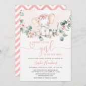 Invitation Bleu rose douce petite fille Baby shower éléphant (Devant / Derrière)
