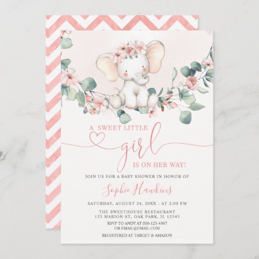 Invitation Bleu rose douce petite fille Baby shower éléphant (Devant / Derrière)