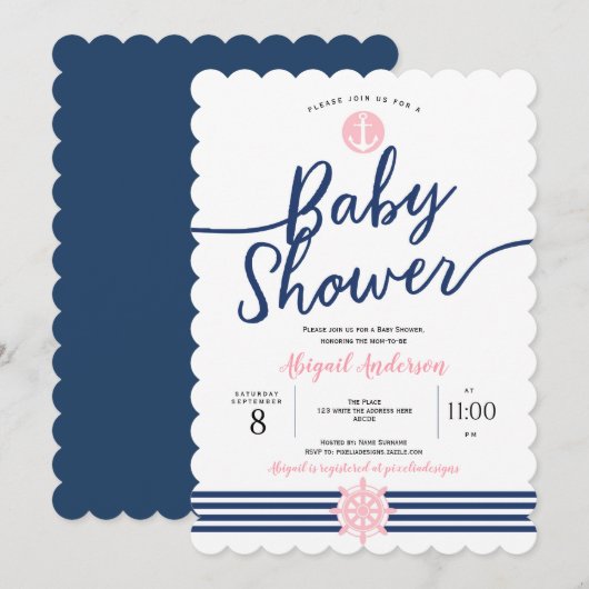 Invitation Bleu rose et marine, Été, Nautique, Petite fille (Devant / Derrière)