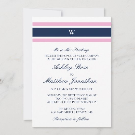 Invitation Bleu rose et marine | Mariage monogramme (Devant)