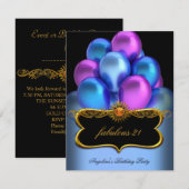 Invitation Bleu rose Fabrique Black Gold Balloons Anniversair (Devant / Derrière)