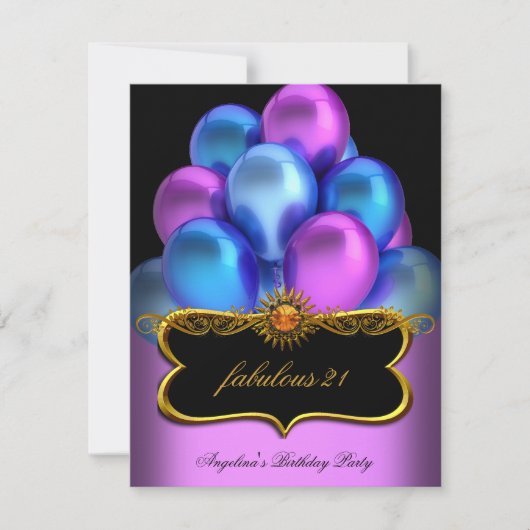 Invitation Bleu rose Fabrique Black Gold Balloons Anniversair (Devant)
