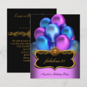 Invitation Bleu rose Fabrique Black Gold Balloons Anniversair (Devant / Derrière)