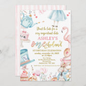Invitation Bleu rose Fleur sauvage Alice Onederland 1er anniv (Devant / Derrière)