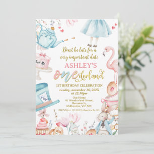 Invitation Bleu rose Fleur sauvage Alice Onederland 1er anniv