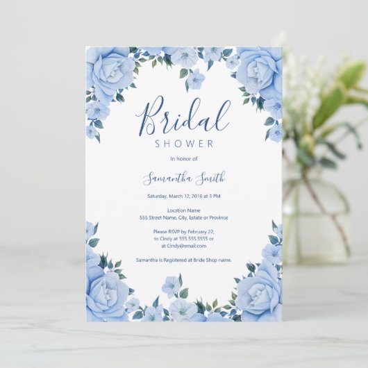 Invitation Bleu Rose fleuri nuptiale (Debout devant)