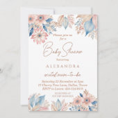 Invitation Bleu rose Floral Boho Baby shower chic (Devant)