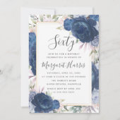 Invitation Bleu Rose Floral Gold Frame 60e Soixante Anniversa (Devant)