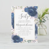 Invitation Bleu Rose Floral Gold Frame 60e Soixante Anniversa (Debout devant)